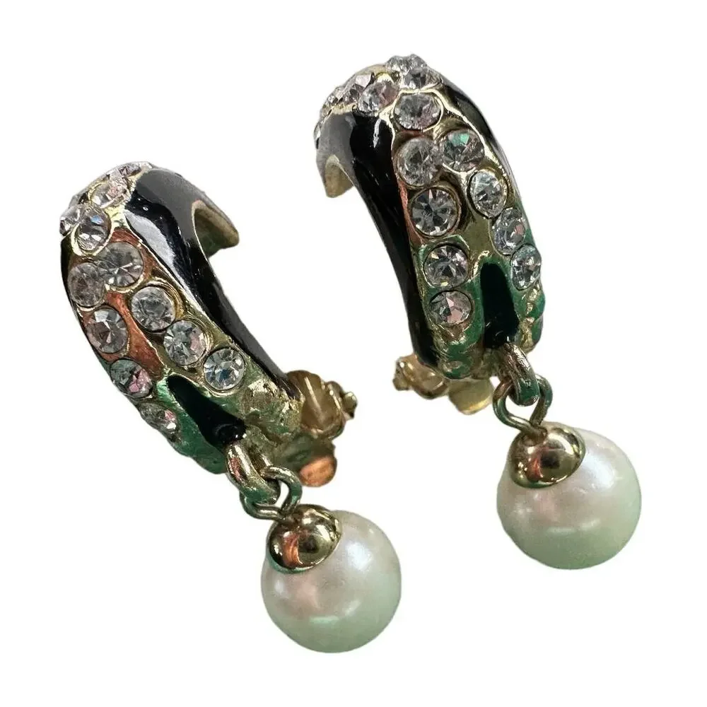 Vintage goldtone, black enamel, rhinestones, and faux pearl clip-on earrings